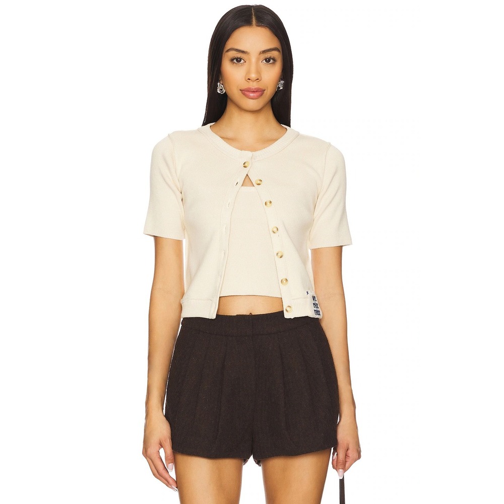 We The Free Basic Cardigan Sweater S Cream Ribbed Short Sleeve Coastal Grandma